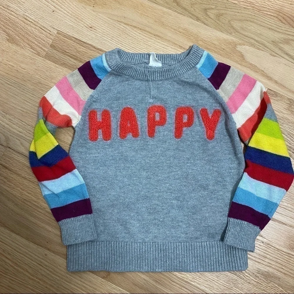 Gap Happy Sweater Multi Color Striped Sleeve Gray Kids Sz 4 Toddler Girls Red